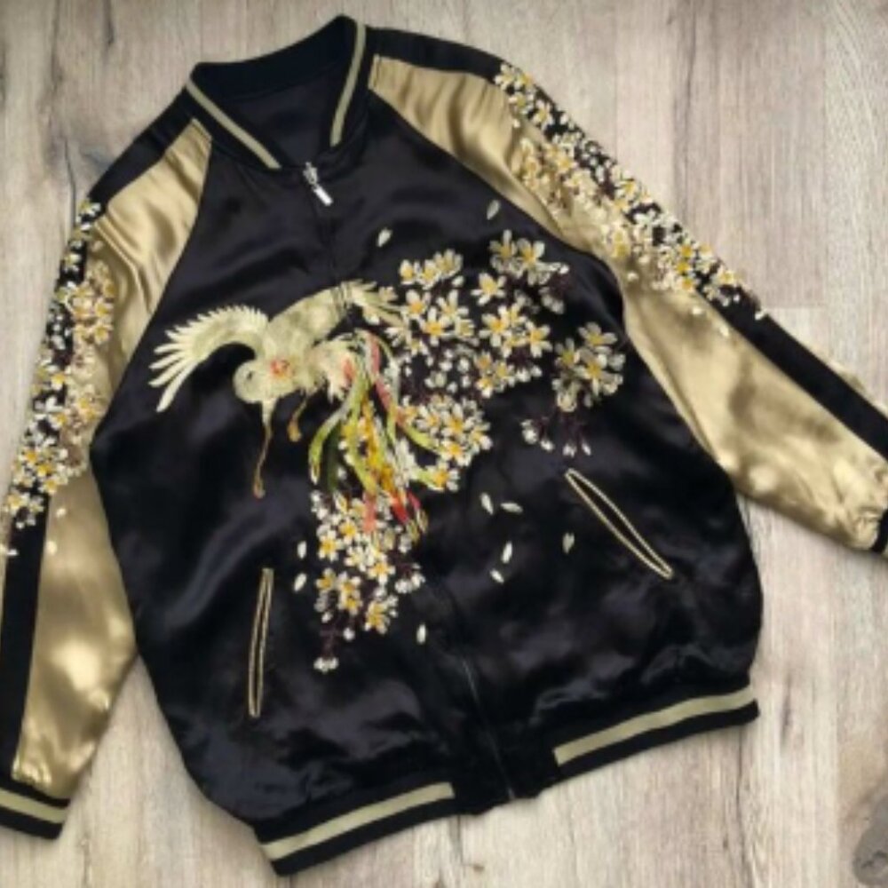 Black & Gold Souvenir Jacket (Sukajan) with Phoenix and Cherry Blossoms.womens M